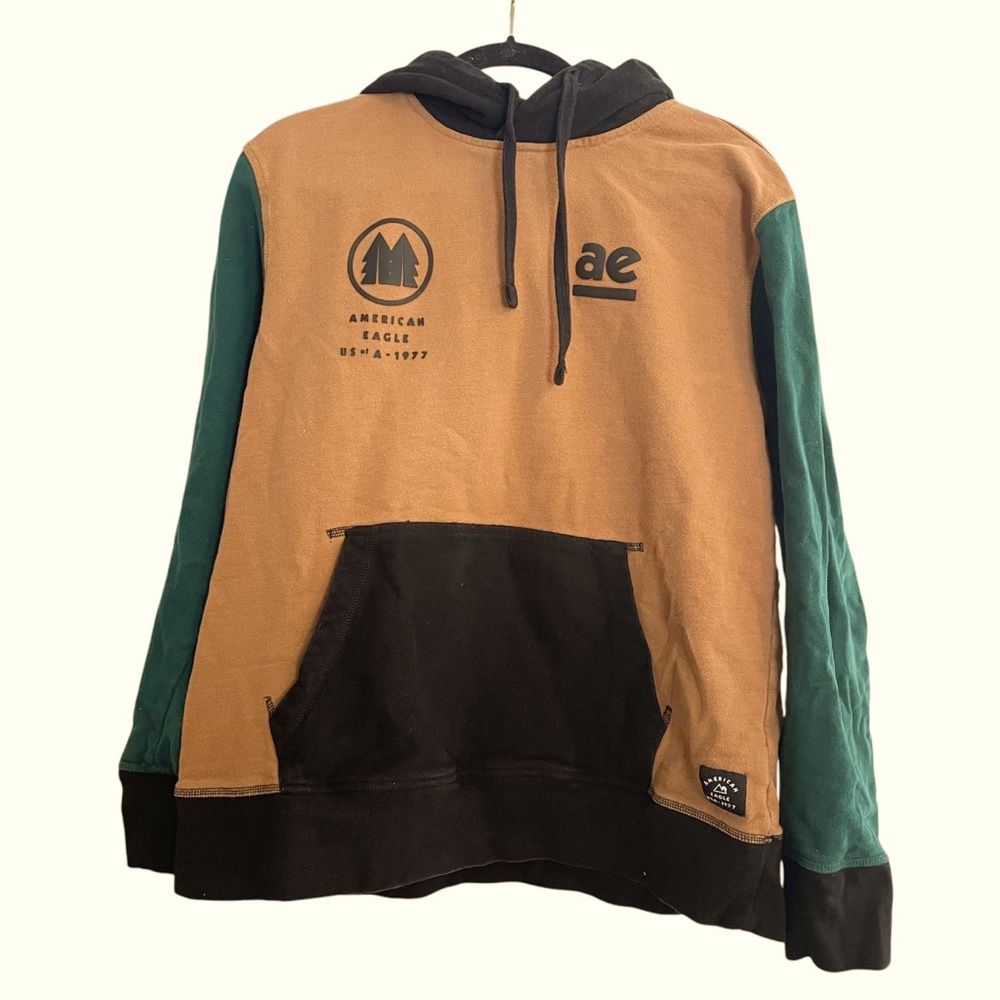 American Eagle USA 1977 Tan‎ Black Colorblock Hoodie Pullover Size L Gorpcore